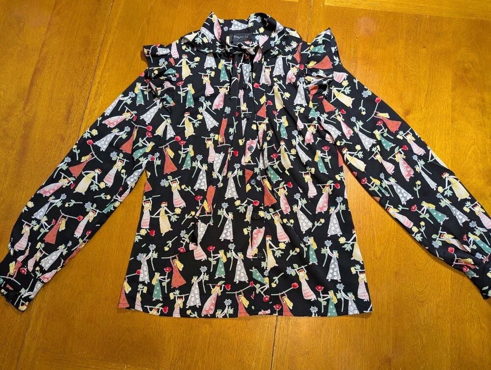 Gracia Blouse Small Black Colorful Print Ruffle Collar Long Sleeve Button Front